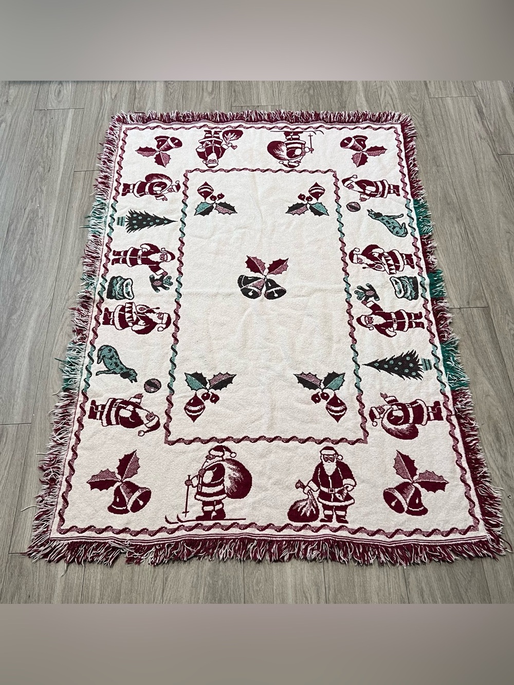 Vintage Christmas Woven Tapestry Throw 42x60 Santa Bells Fringe